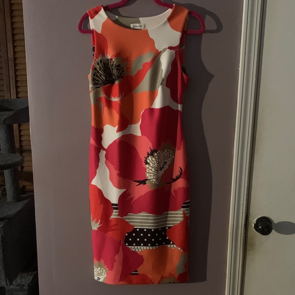 Calvin Klein Red Orange Floral Midi Dress
